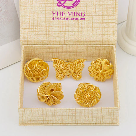 Italian Gold Plated Jewelry Set Unique Finger Ring Women Big Style Flower Elegant Rings Jewellery Sets Adjustable Ring Gifts