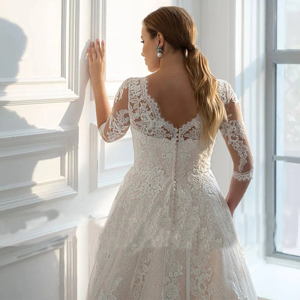 Luxury Plus Size Wedding Dresses 2023 Lace Appliques A-Line Half Sleeve Scoop Neck Glitter Beach Bridal Gown Vestido De Novia