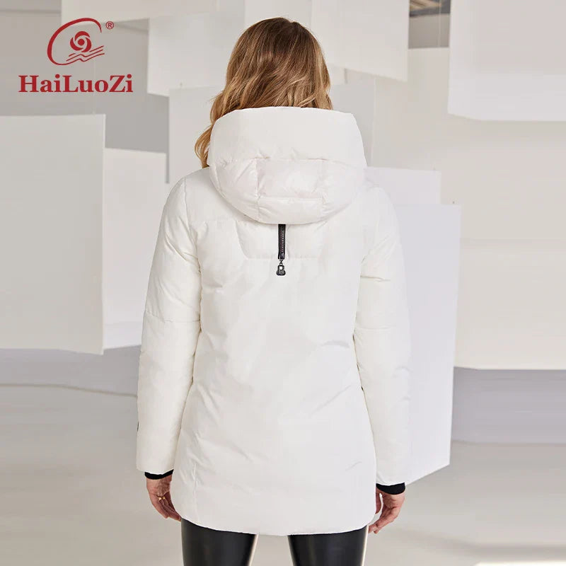 HaiLuoZi 2022 New Winter Women's Jacket Warm and Thick Short Fashion Zipper Design Hooded High Neck Female Parka Women Coat 886