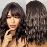 ESIN Synthetic Black Brown Medium Long Loose Body Wave Wig with Bangs Cosplay Daily Natural Wigs for Women Heat-resistant Hair