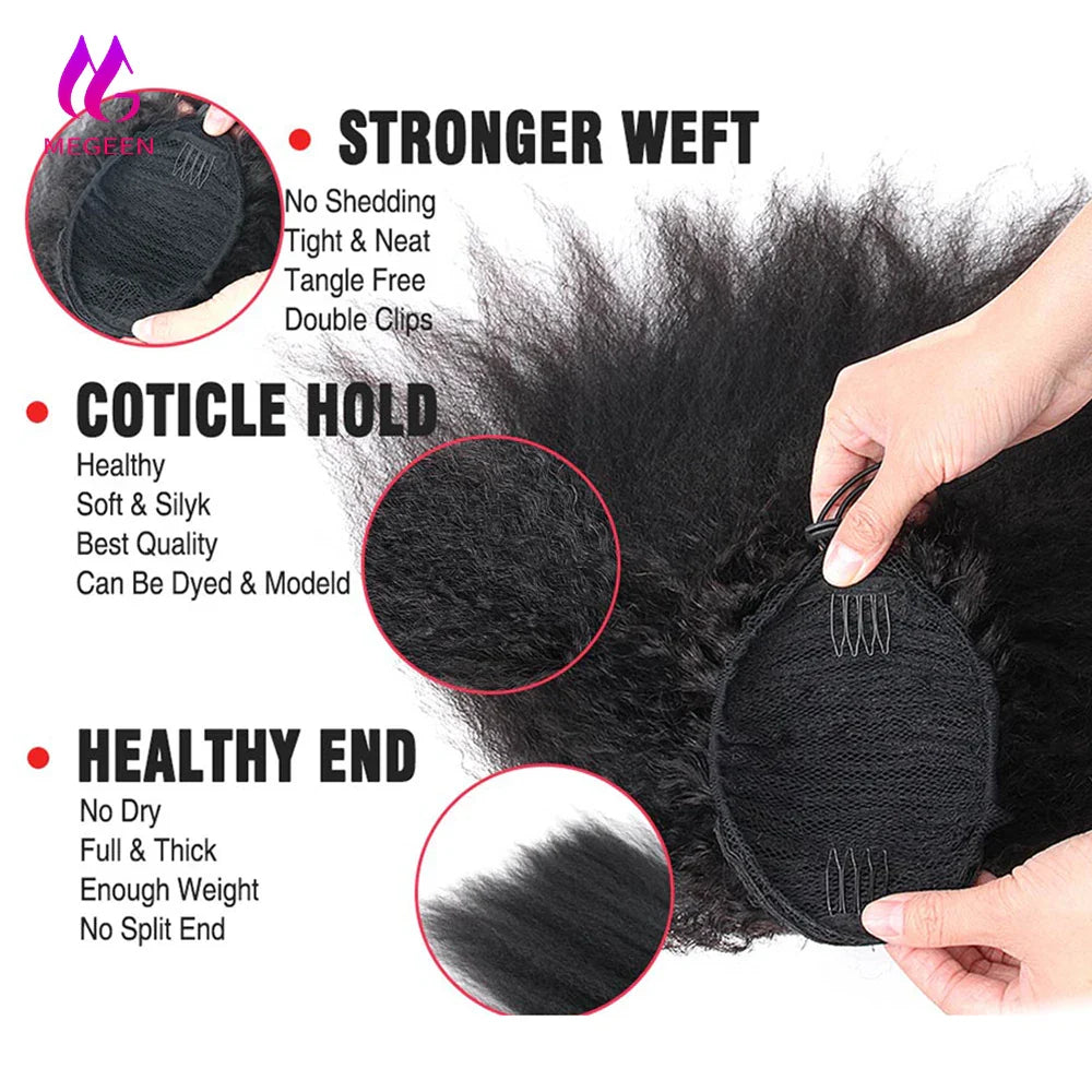 Megeen Afro Kinky Straight Ponytail Human Hair Italian Yaki Straight Drawstring Ponytail Clip In Brazilian Remy Hair Extensions