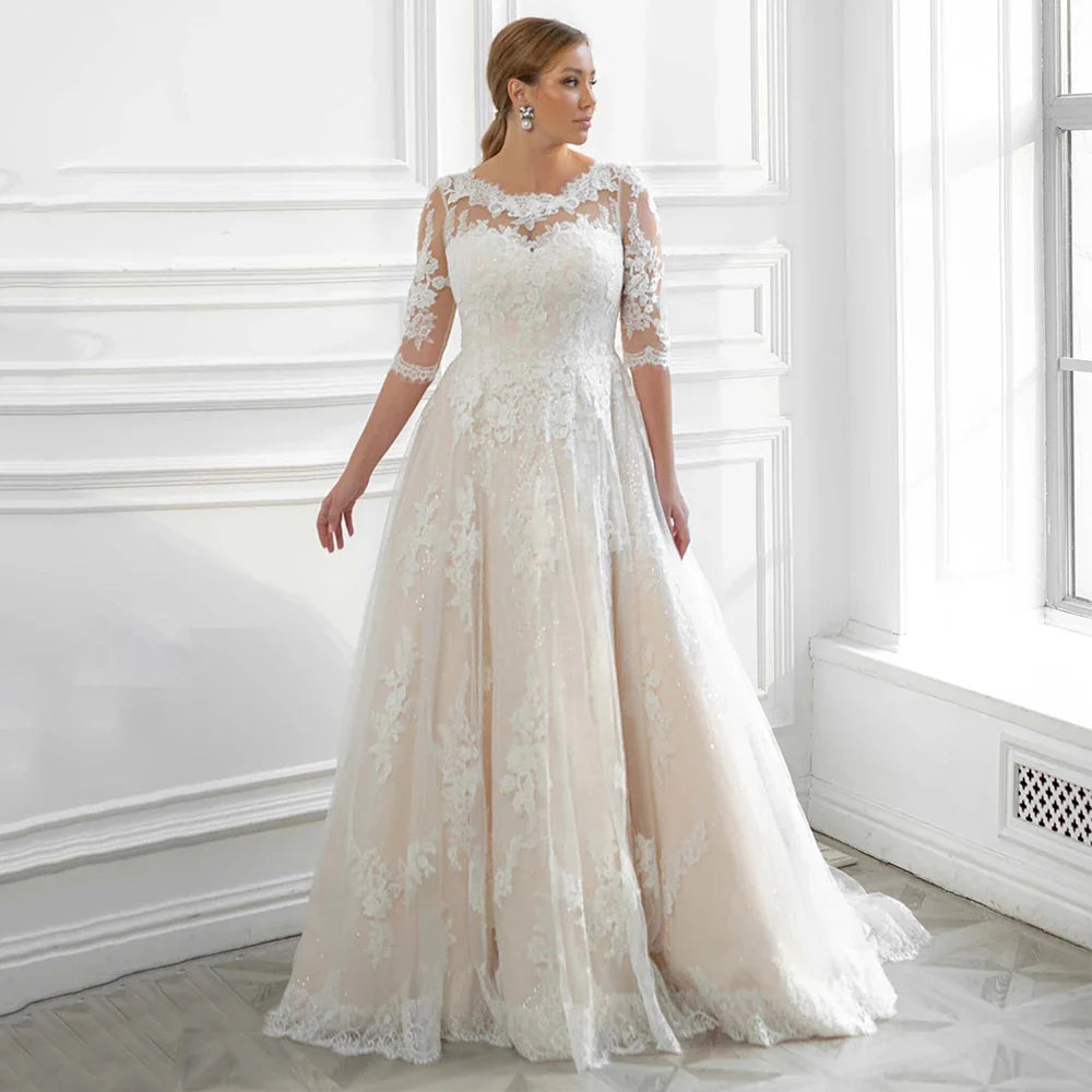 Luxury Plus Size Wedding Dresses 2023 Lace Appliques A-Line Half Sleeve Scoop Neck Glitter Beach Bridal Gown Vestido De Novia