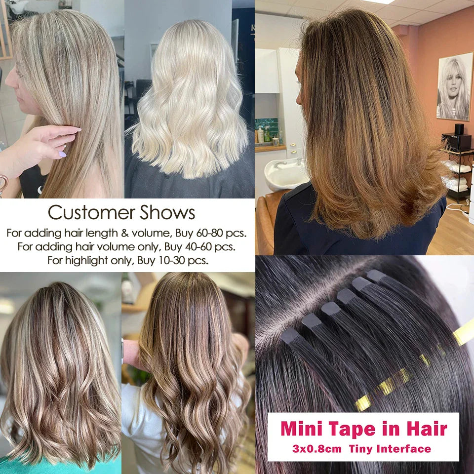 Mini Tape in Human Hair Extensions Double Side Invisible Seamless Tape in Hair 10pcs/set Natural Straight Black Brown Blonde