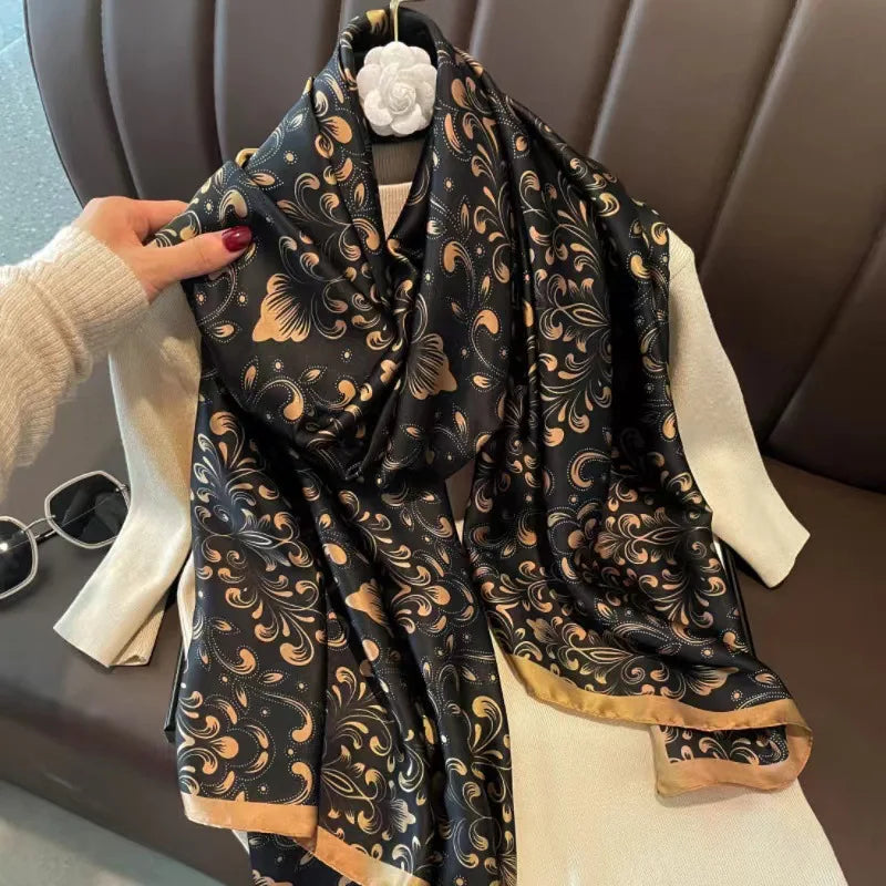 180*90cm Large Silk Satin Scarf Hijab Women Print Spring New Shawl Wrap Female Hand Foulard Pashmina Travel Echarpe 2022 NEW