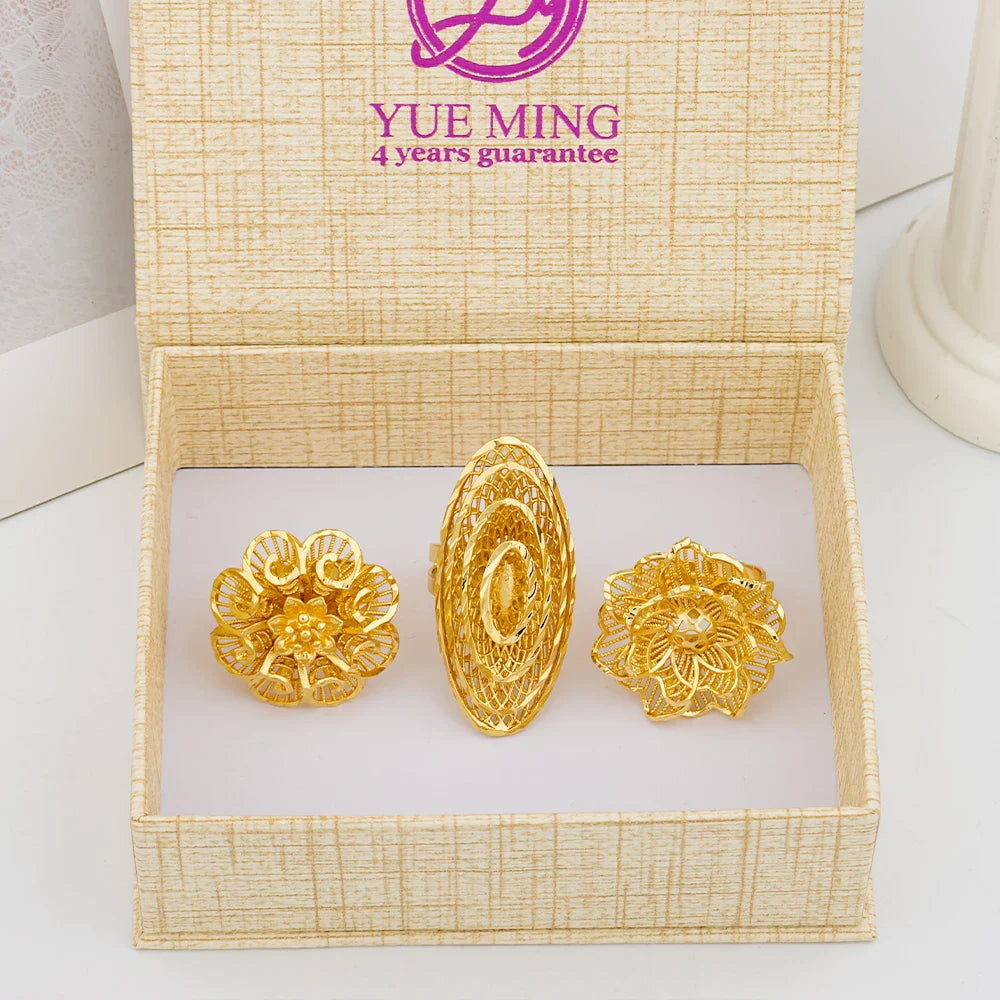 Italian Gold Plated Jewelry Set Unique Finger Ring Women Big Style Flower Elegant Rings Jewellery Sets Adjustable Ring Gifts