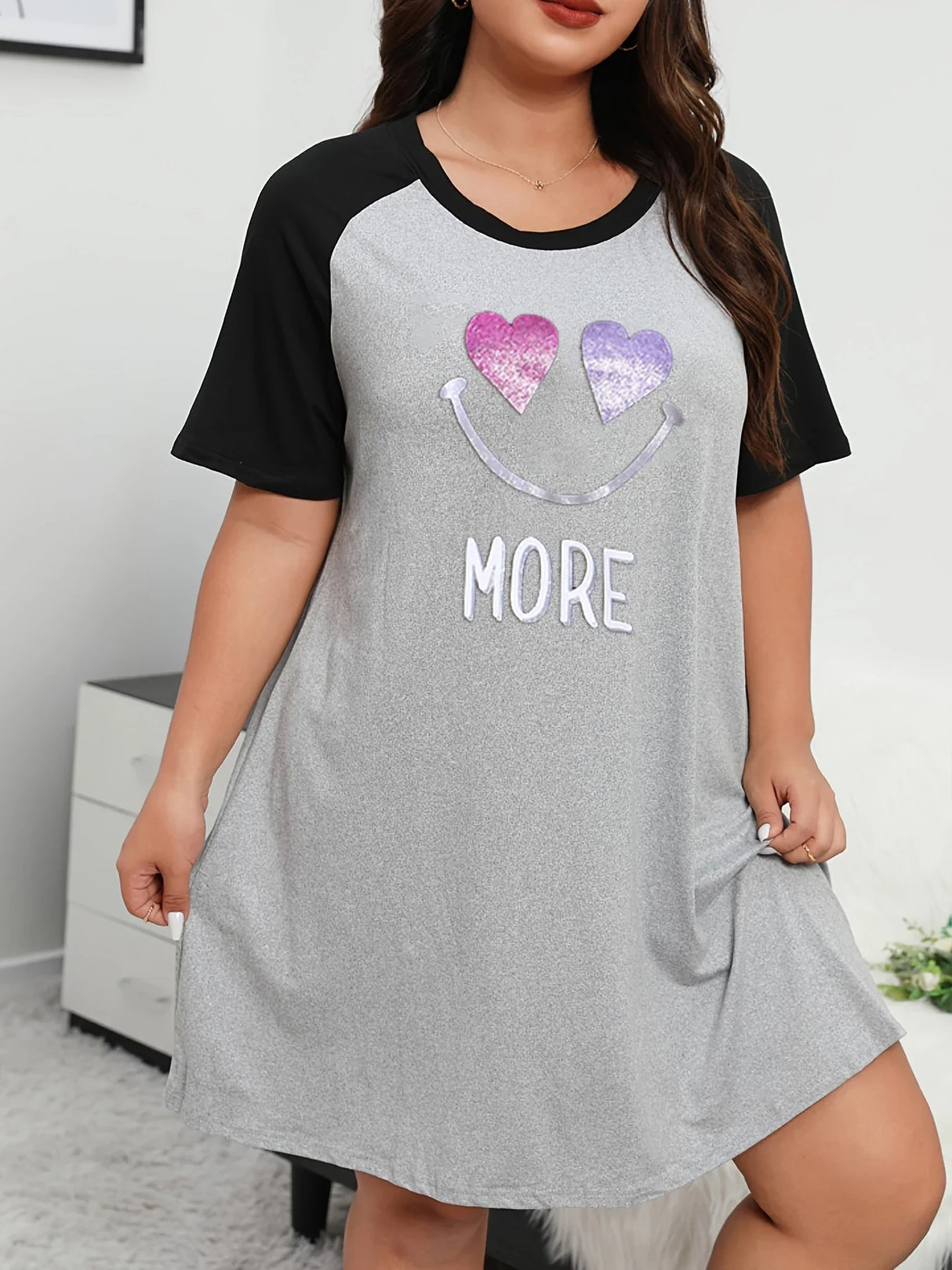 Plus Size Fashion Loungewear Dress, Women's Plus Cartoon Cat Print Raglan Short Sleeve Medium Stretch Comfort Nightdress