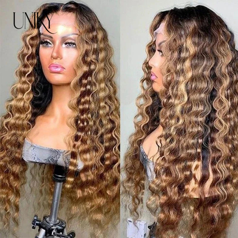 HD Highlight Wig Human Hair Brazilian Glueless Wig Honey Blonde Colored Human Hair Wigs for Women Ombre Straight Lace Front Wig