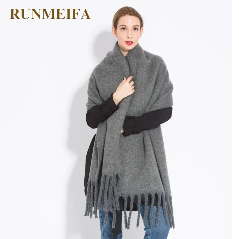 Winter Scarf Women Luxury Autumn Winter Cashmere Scarf Thickened Warm Shawl Classic Tassels Fluffy Scarf Solid Color Soft Shawl