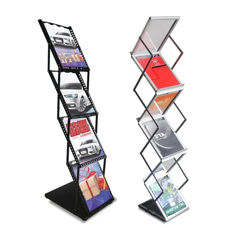 A4 Aluminum Alloy Folding Data Rack Vertical Newspaper Rack Acrylic Exhibition Floor Portable Magazine Bookcase