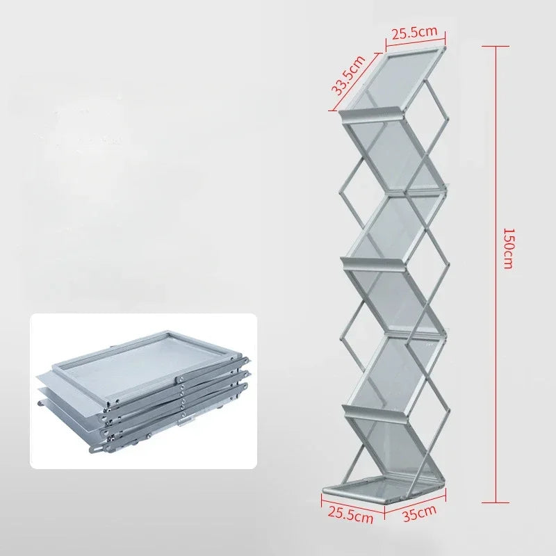 A4 Aluminum Alloy Folding Data Rack Vertical Newspaper Rack Acrylic Exhibition Floor Portable Magazine Bookcase