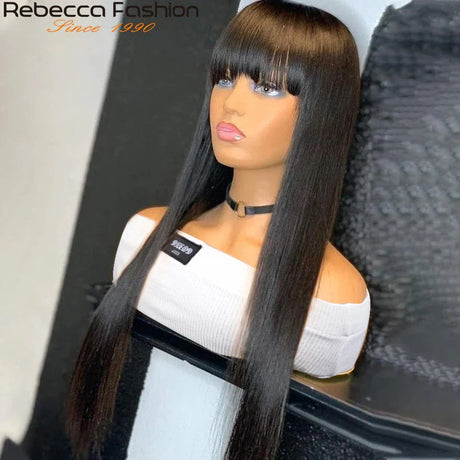 Straight Human Hair Wigs With Bangs For Women 28" Natural Glueless Remy Human Hair Full Machine Made Wigs Long Fringe Bangs Wigs