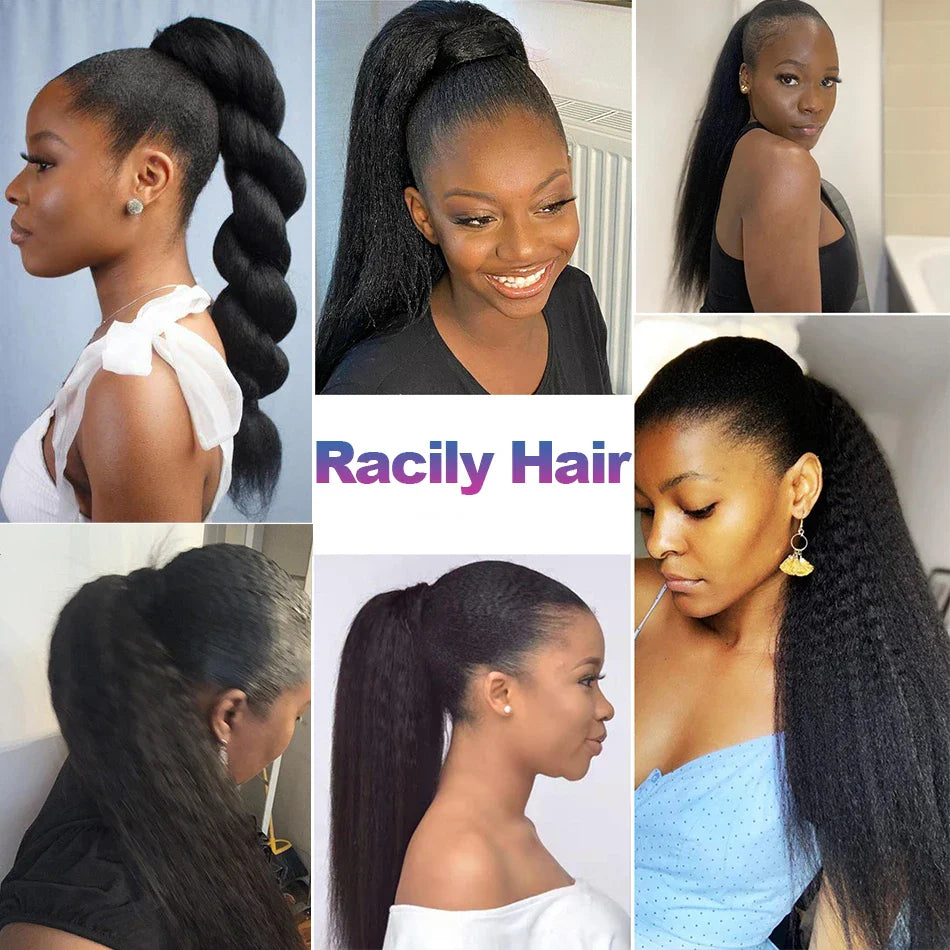 Racily Hair Kinky Sraight Ponytail Human Hair Afro Kinky Ponytail Hair Extensations Wrap Around Clip In Ponytail Black Yaki Hair