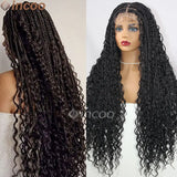 32 Inch Boho Box Braided Wigs Double Lace Front Goddess Locs Wig with Curly Ends Knotless Square Part Braided Wig with Baby Hair