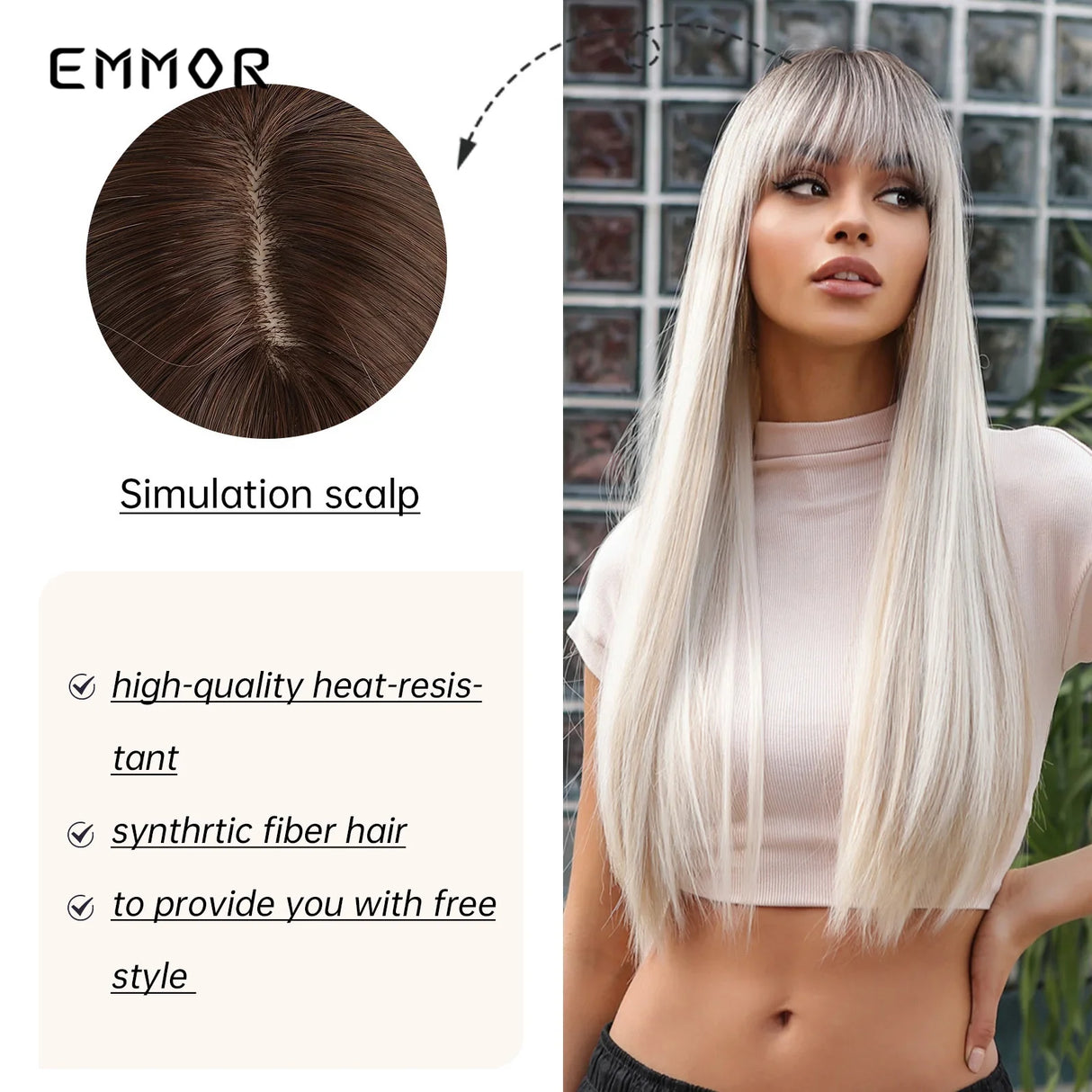 Emmor Long Platinum Blonde White Wig with Bang for Women Natural Straight Cosplay Wigs Heat Resistant Fiber Synthetic Hair