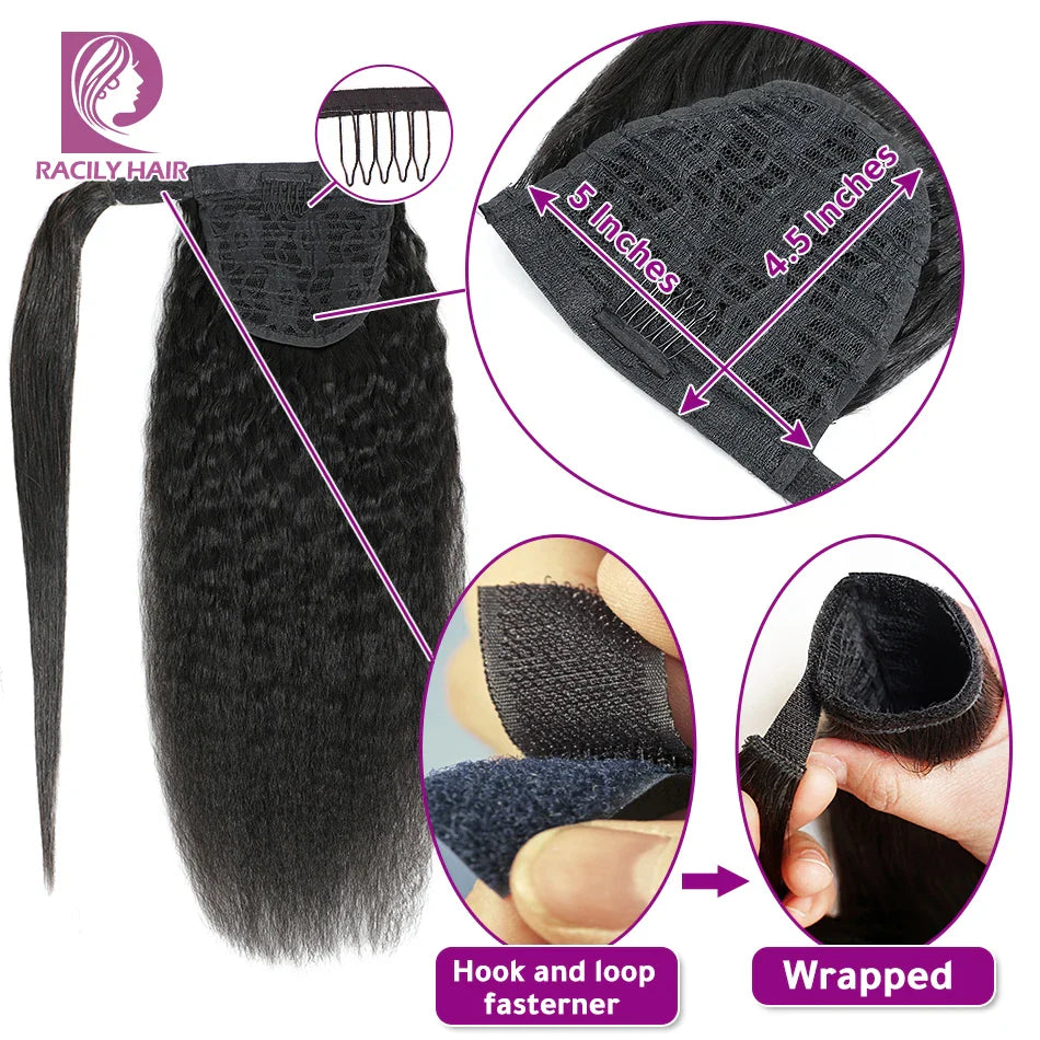 Racily Hair Kinky Sraight Ponytail Human Hair Afro Kinky Ponytail Hair Extensations Wrap Around Clip In Ponytail Black Yaki Hair