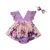 Newborn Baby Girl Princess Rompers Floral Print Sleeveless Cotton Lace Jumpsuit Headband Sunsuit Baby Summer Clothing 0-24M