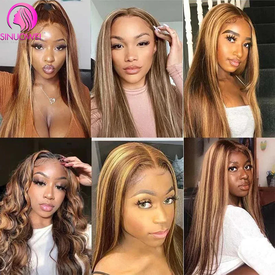 Sinuowei Highlight Wig V Part Wig Human Hair Brazilian Straight Wig V Shape Glueless Wig 10-28 Inches For Black Woman