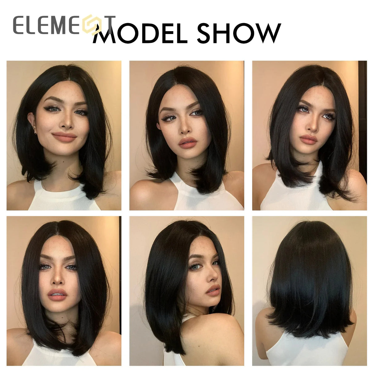 ELEMENT Elegant Part Front Lace Synthetic Wig Short Medium Straight Wavy Black Hair Wigs for Women Ladies Daily Party Natural