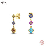 Aide 925 Sterling Silver Unique Mismatched Colorful CZ Zircon Turquoise Flower Charms Dangle Earrings For Women Summer Jewelry