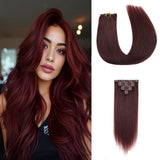 Clip In Hair Extensions 100% Real Human Hair Burgundy Wine Red Long Human Hair Extension Full Head For Salon Women Aesthetics