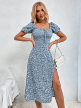 Women's Summer Boho Floral Print Dress Puff Sleeve Square Neck Off Shoulders A Line Slit Midi Dresses