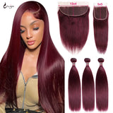 99j Hair Bundles With Frontal Brazilian Hair Bone Straight Human Hair Bundles With 5x5 Closure Ombre Colored Burgundy 3 Bundles