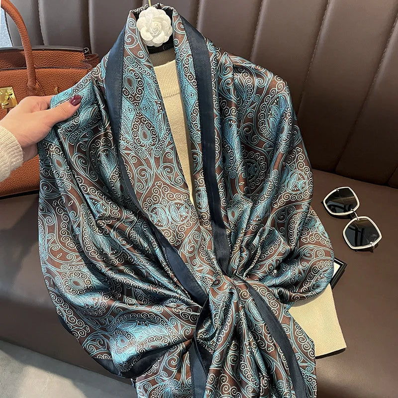 180*90cm Large Silk Satin Scarf Hijab Women Print Spring New Shawl Wrap Female Hand Foulard Pashmina Travel Echarpe 2022 NEW