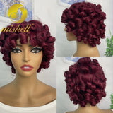 200% 99J Burgundy Bouncy Curly Human Hair Wigs with Bangs Full Machine Made Wig Afro Kinky Curly Short Bob Wigs for Black Women