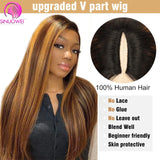 Sinuowei Highlight Wig V Part Wig Human Hair Brazilian Straight Wig V Shape Glueless Wig 10-28 Inches For Black Woman