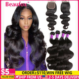 Beaufox Body Wave Bundles With Closure Brazilian Hair Weave 3/4 Bundles With Closure Natural Human Hair Bundles With Closure