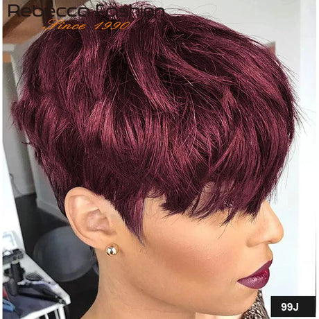 Pixie Short Cut Colored Straight Human Hair Bob Wigs With Bangs For Women Brazilian Remy Hair Non Lace Burgundy Red #4 P1B/30