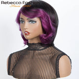 Grey Short Bob Human Hair Wig Colore 51# Brazilian Remy Hair Ombre Purple Silver Wavy Nature Wig With Bangs Pixie Part Wig