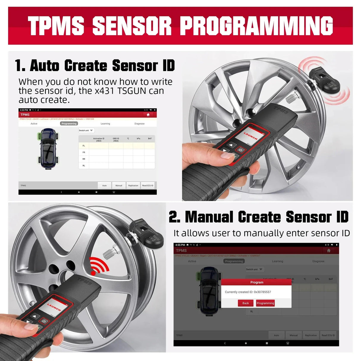 Launch X431 TSGUN TPMS 315/433 MHZ 2 In1 RF-Sensor Car Tire Pressure Inspection Diagnostic Tool Tool activation reading learning