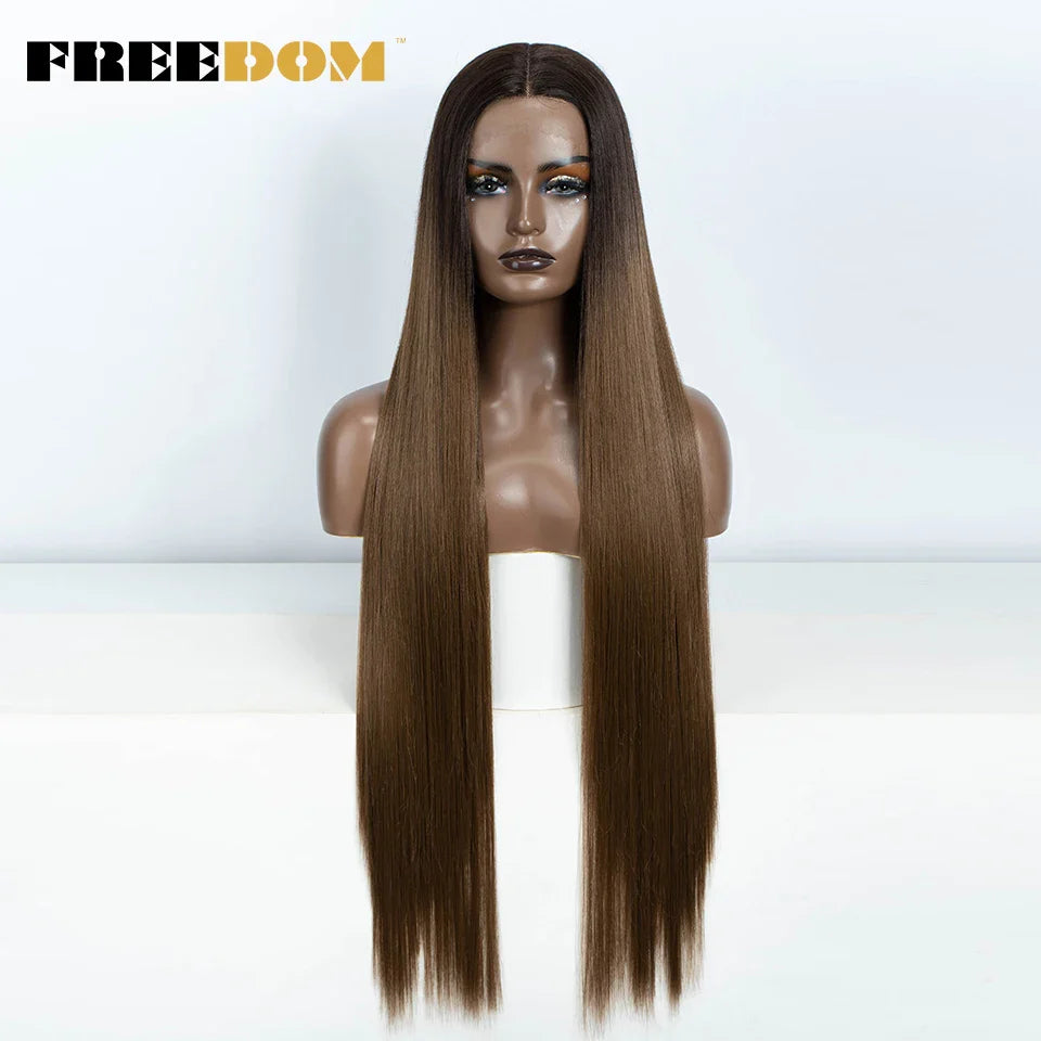 FREEDOM Synthetic Lace Frontal Wig For Women 38 Inch Long Straight Ombre Brown Red Ginger Hightlight Lace Front Wigs Cosplay Wig