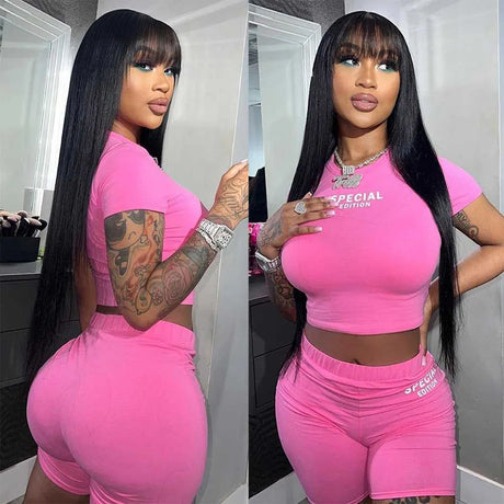 Straight Human Hair Wigs With Bangs Full Machine Made Wig Cheap Brazilian Hair Wigs Glueless Short Bob Fringe Wigs 3x1 HD Lace