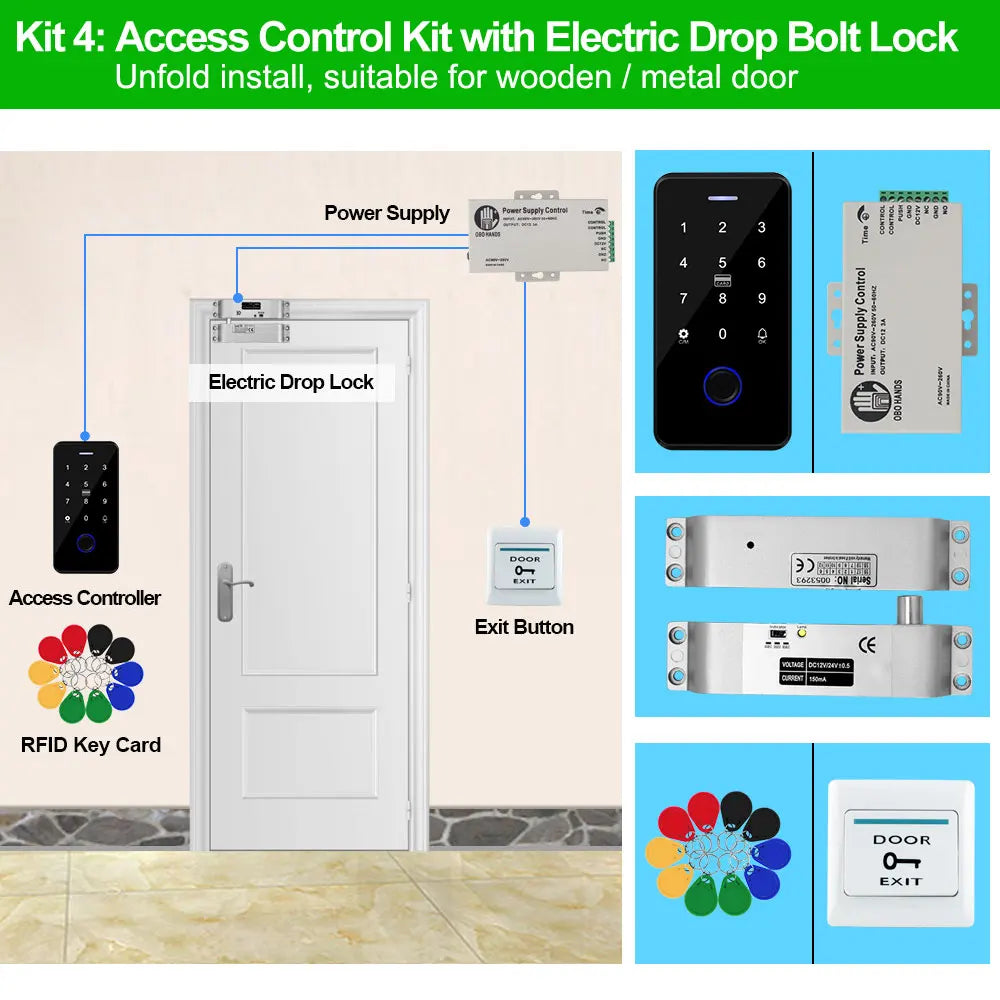 Bluetooth Tuya APP Door Access Control System Kit Waterproof RFID Keypad NFC Fingerprint, 180KG Electric Magnetic Strike Locks