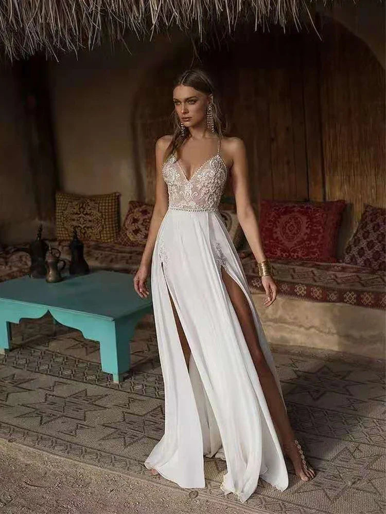 Boho Wedding Dress Sexy Slit Beach Wedding Dress V Neck Bridal Gown Spaghetti Strap Chiffon Backless Vestido De Noiva Brautkleid