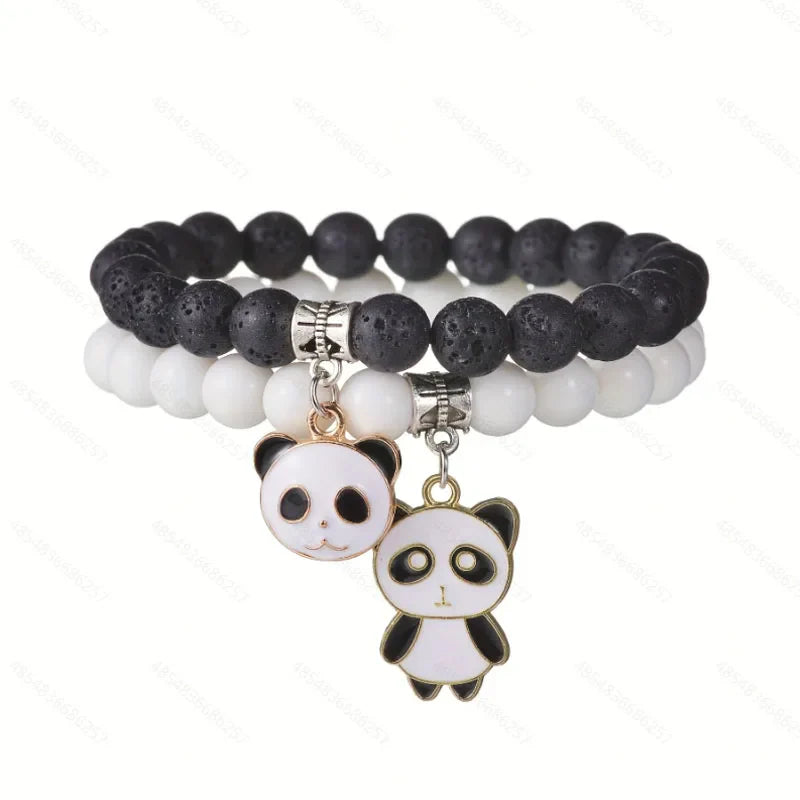 Set Couples Black White  stone Beads Bracelet Men panda Pendant Black Volcanic Stone Strand Bracelets for Women Charm Fashion