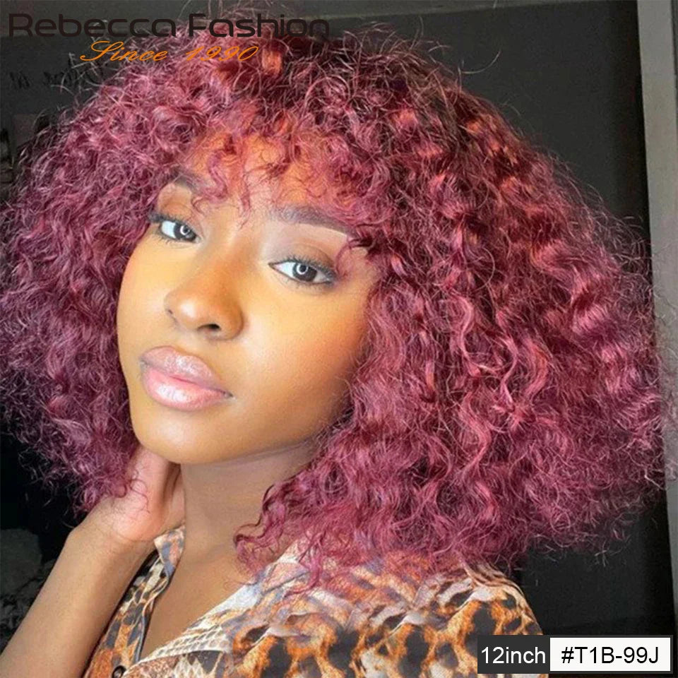 Jerry Curly Short Pixie Bob Cut Human Hair Wigs With Bangs Remy Curly Bob Wigs For Black Women Full Machine Made Wig #1B 1B/99J