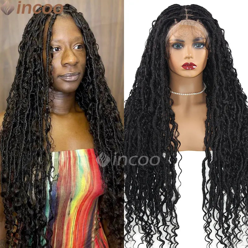 32 Inch Full Lace Wigs For Black Women Bohemian Medium Lace Wig Synthetic Braided Lace Front Wig With Curly Ends Knotless Braids