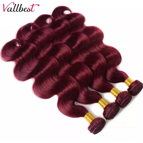 Vallbest 32 Inch 99J Body Wave Bundles With Closure Brazilian Wavy Burgundy Human Hair Bundles With 4x4 Lace Closure Remy Hair