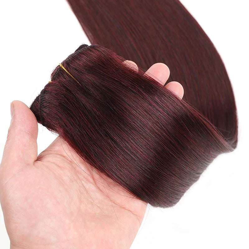 Clip In Hair Extensions 100% Real Human Hair Burgundy Wine Red Long Human Hair Extension Full Head For Salon Women Aesthetics