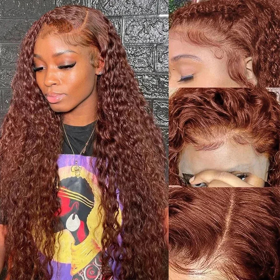 Reddish Brown 13x4 Frontal Wig Deep Wave 30 32 inch 13x6 HD Lace Front Human Hair Wigs 250% Curly Preplucked Brazilian For Women