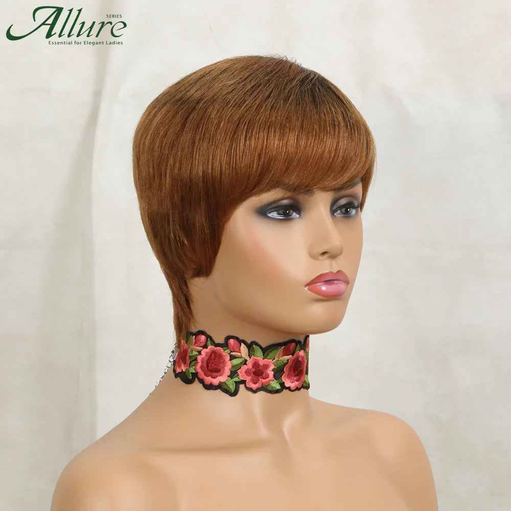 Ombre Brown Pixie Cut Bob Human Hair Wig With Bangs For Black Women Short Pixie Cut Wig Wear to Go Brazilian Hair Wig Allure