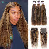 P4/27 Highlight Curly Hair Bundles With Closure 4x4 Transparent Lace Closure With Bundles Brazilian Ombre Honey Blonde Bundles