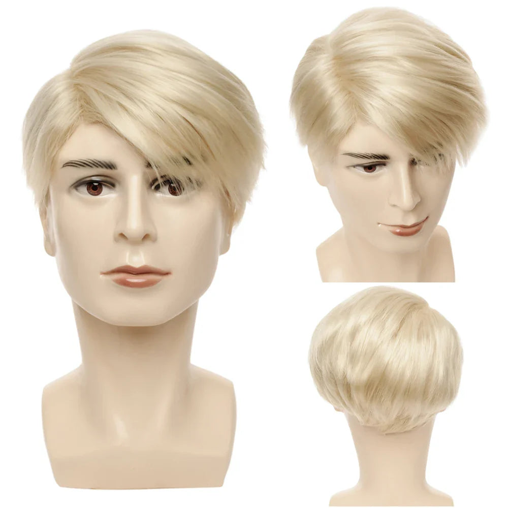 Gres Short Blonde Wigs Men Synthetic Wig Male Straight Side Parting High Temperature Fiber