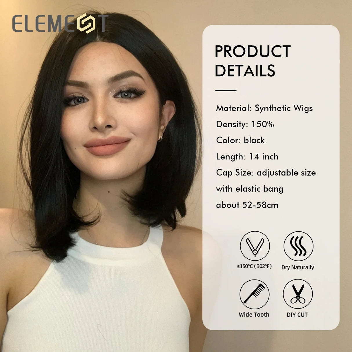 ELEMENT Elegant Part Front Lace Synthetic Wig Short Medium Straight Wavy Black Hair Wigs for Women Ladies Daily Party Natural