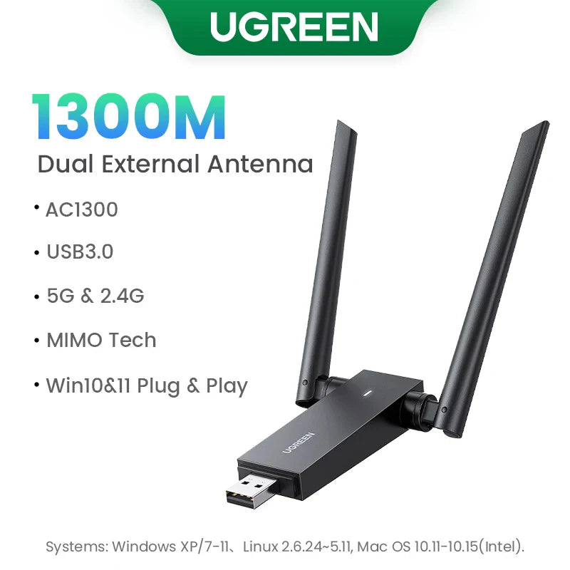 UGREEN WiFi Adapter AC1300 USB3.0 5GHz&2.4GHz Dual-Antenna USB WiFi for PC Desktop Laptop WiFi Antenna USB Ethernet Network