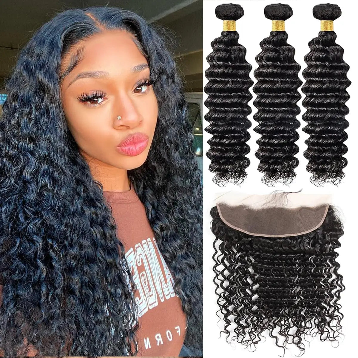 Brazilian Hair Deep Wave Bundles with Frontal Virgin Hair Ear to Ear 13x4 Frontal with 3 Bundles 100% Human Hair Natural Color