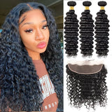 Brazilian Hair Deep Wave Bundles with Frontal Virgin Hair Ear to Ear 13x4 Frontal with 3 Bundles 100% Human Hair Natural Color